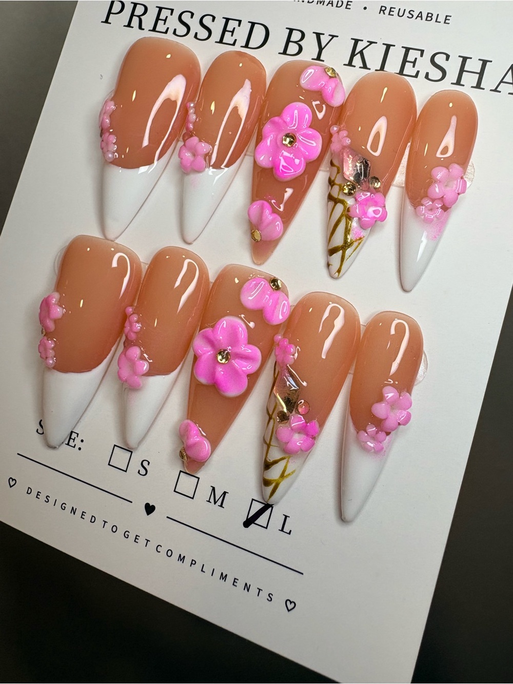 Handmade Nude & White Stiletto Press-On Nails with Pink 3D Flowers
